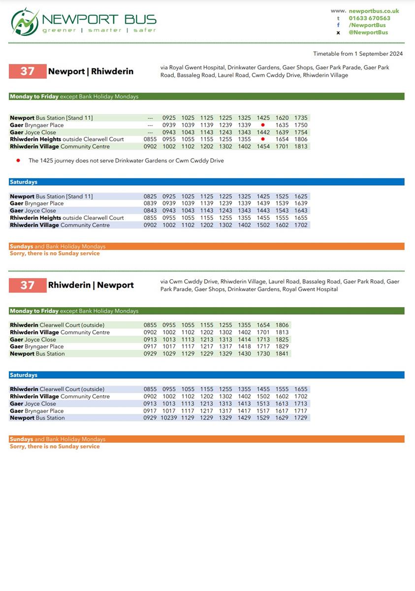 Newport Bus 37 Timetable